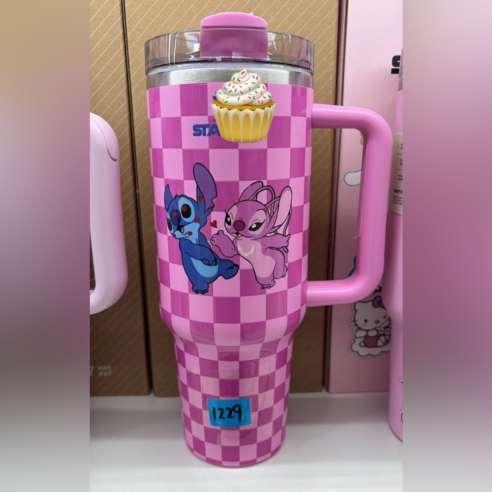 Popular Brand Pink Checkered Tumbler with Cartoon Characters